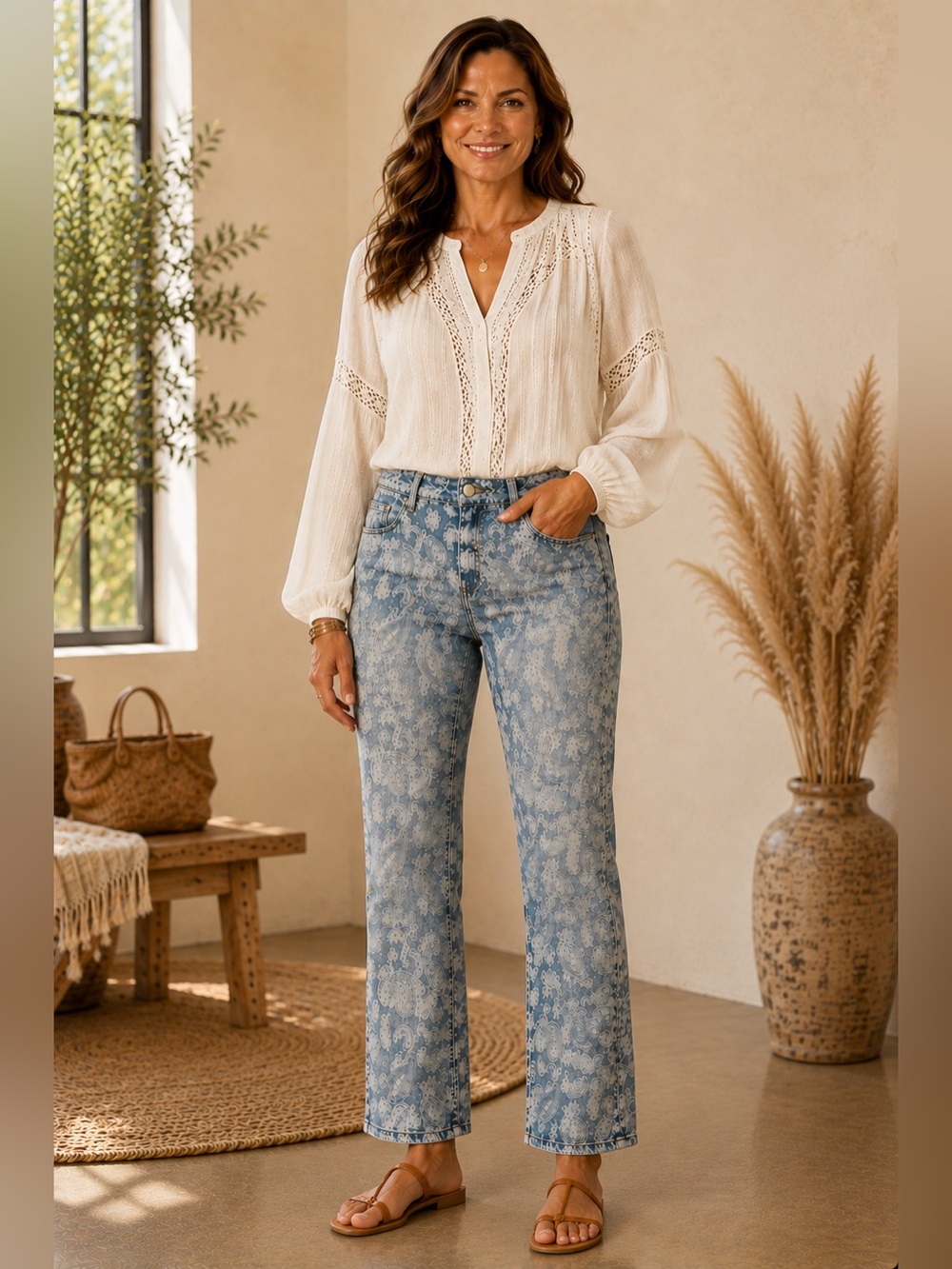 Chico’s Platinum Paisley Print Stretch Straight Leg Jeans Blue Size 1.5